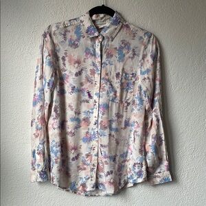 Blue and Pink Casual Button Down Shirt with Floral Print